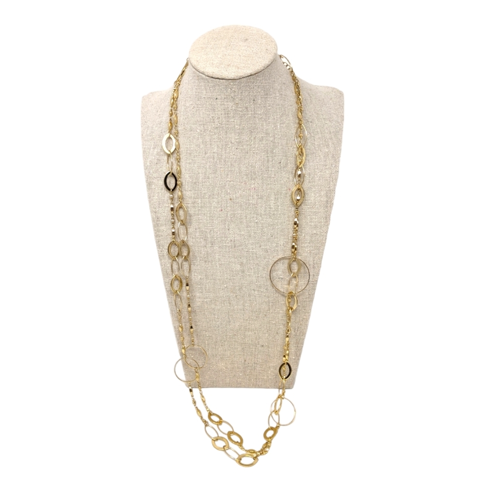 Lane Bryant Gold Tone Chain Long Necklace Circles Marquis Shapes